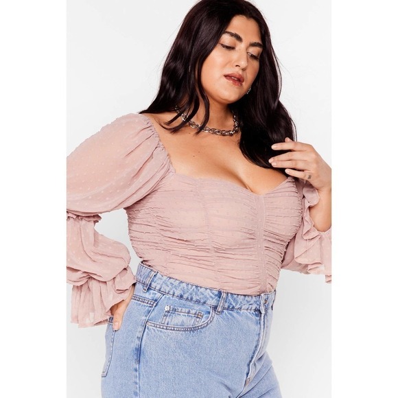NWT Nasty Gal Plus Ruched Mesh Puff Sleeve Top Victorian Cottagecore Pink Sz 16 - Picture 4 of 9